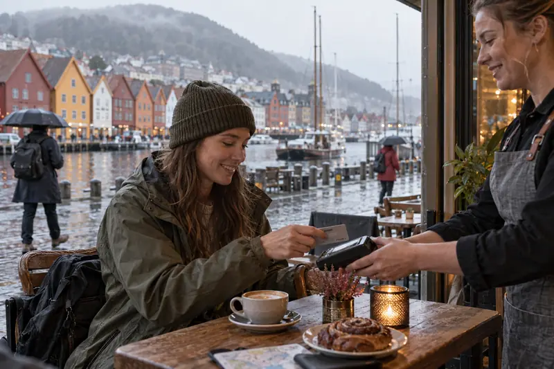 Redaktionelle Illustration: Kreditkarte in Norwegen: Bezahlen und Geld abheben
